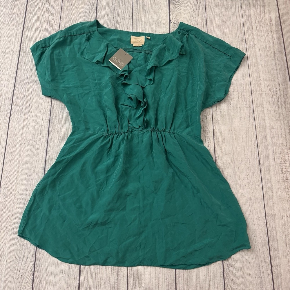 Anthropologie Vanessa Virginia Womens Size 10 Teal Green 100% Silk Ruffle Blouse